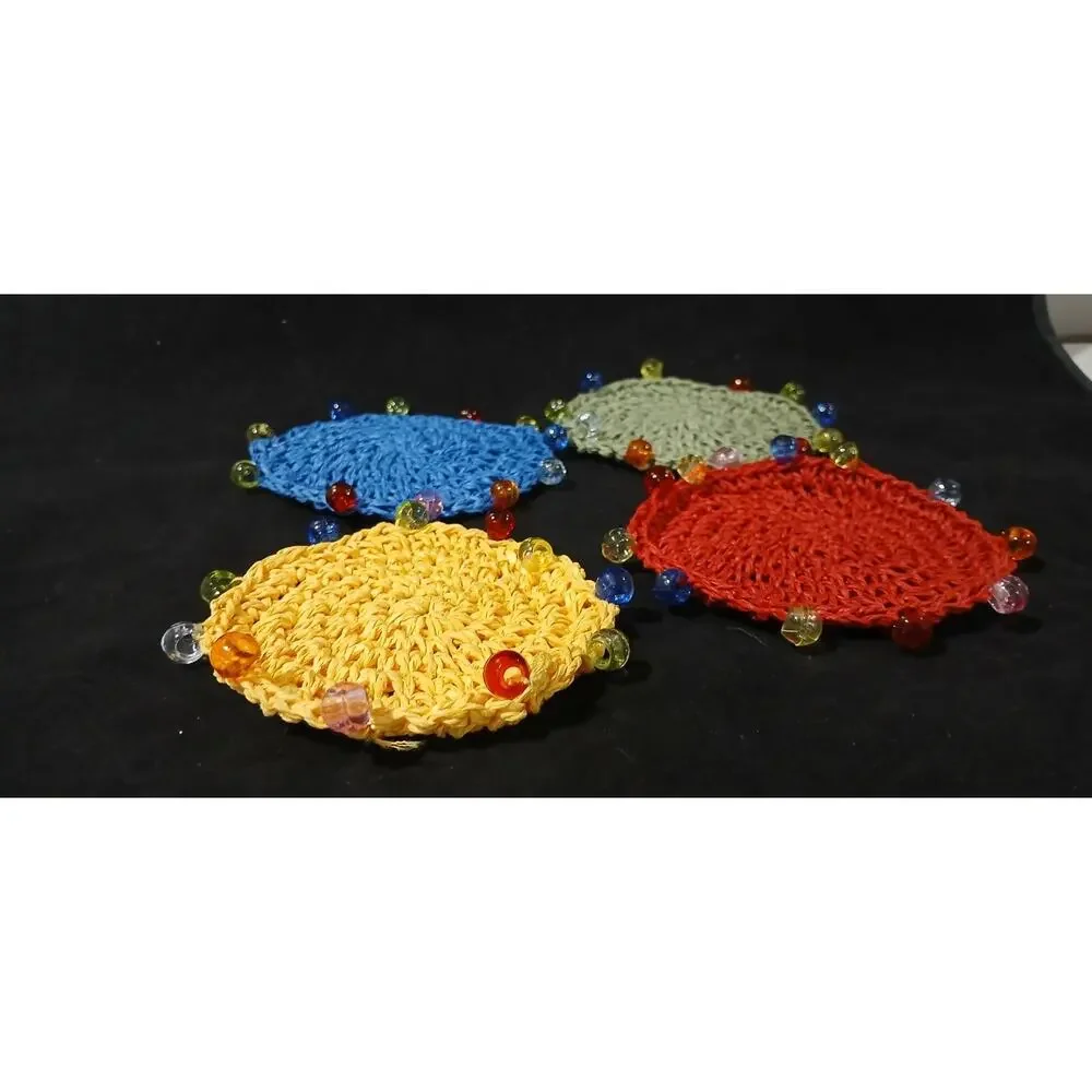 Drink Coasters Set 4 with Beads Multicolor Crocheted Handmade Boho Round Shape